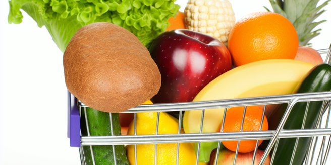 A shopping cart filled with nutritious whole foods